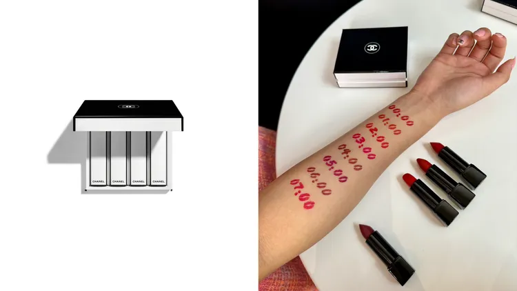 香奈兒超炫耀的絲絨唇膏不眠之夜限定4色禮盒（色號00:00、01:00、02:00、06:00），6600元。左圖品牌提供、右圖張家玲攝
