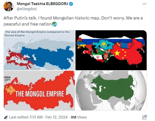 蒙古國前總統額勒貝格道爾吉貼文的地圖聲稱，現今的俄羅斯、中國等國，甚至部分印度，都曾是蒙古帝國的領土。翻攝X@Tsakhiagiin Elbegdorj
