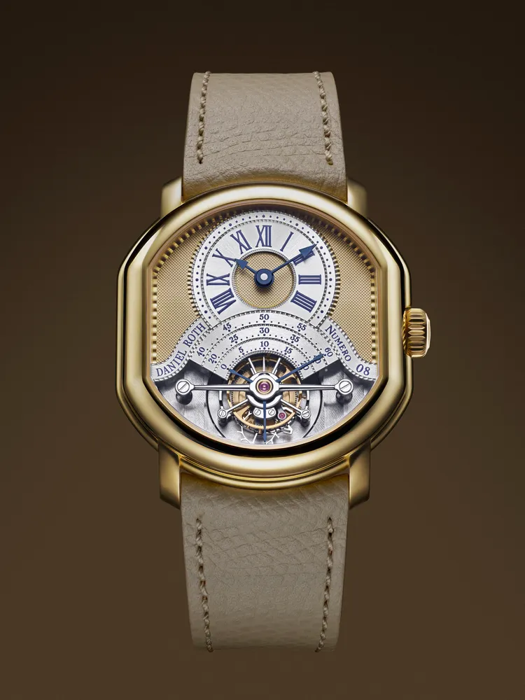 DANIEL ROTH Tourbillon Souscription陀飛輪腕錶，38.6mm x 35.5mm，18K金3N錶殼，18K金3N飾有Clous de Paris巴黎釘紋錶面，棕色小牛皮錶帶，DR001手動上鏈機械機芯，動力儲存80小時，防水深度30米。品牌提供