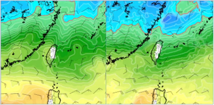 最新(19日20時)歐洲(ECMWF)模式，模擬27日8時850百帕溫度(左)圖顯示，大致符合「大陸冷氣團」的強度。美國(GFS)模式，模擬27日8時850百帕溫度(右)圖則顯示，強度有達「強烈大陸冷氣團」的機率。(圖擷自tropical tidbits)取自氣象應用推廣基金會