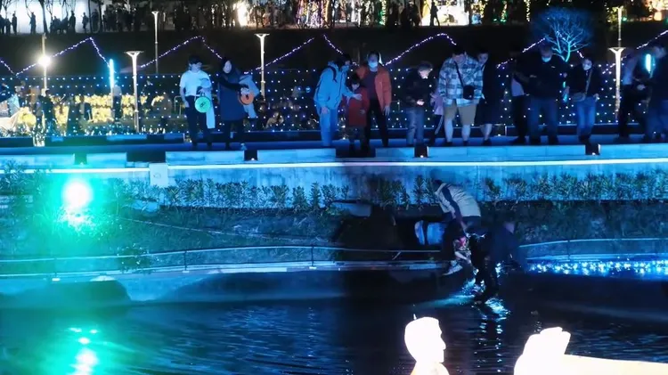 畫面中共有5人從邊坡及水池中上岸，所幸只有1人輕傷。翻攝IG「jtphotoland」