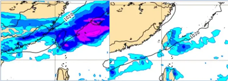 最新(2日20時)歐洲(ECMWF)模式，8日8時地面氣壓及降水模擬圖顯示，降雨範圍擴大至中部，及南部山區(左圖)。9日20時模擬圖顯示顯示，除夕(9日)仍有雨，降雨漸減少(右圖)。取自氣象應用推廣基金會