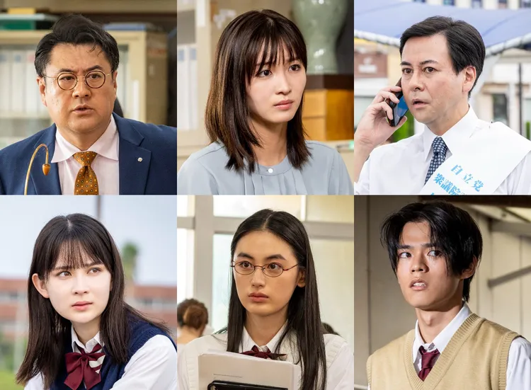 《GTO REVIVAL》演員陣容，上排左起教務主任小手伸也、3年1班導師岡崎紗繪、家長鈴木浩介，下排左起3年1班學生畑芽育、八木莉可子、日向亘。翻攝GTOrevival推特