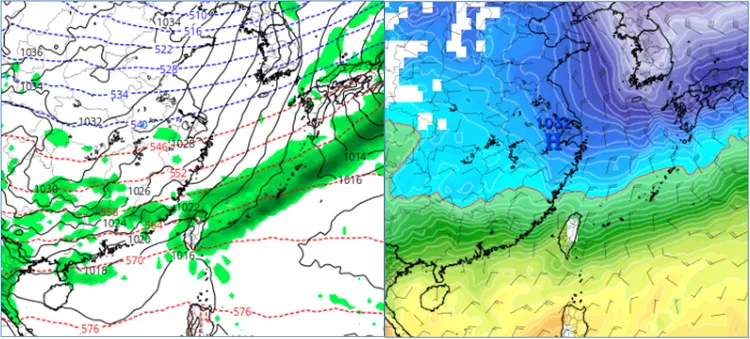 最新(25日20時)歐洲(ECMWF)模式、週五(1日)8時地面氣壓及降水模擬圖顯示，鋒面過境，中部以北明顯降雨(左圖)；週六(2日)8時850百帕溫度模擬圖則顯示，鋒後「強冷空氣」南下(右圖)。(圖擷自tropical tidbits)取自氣象應用推廣基金會