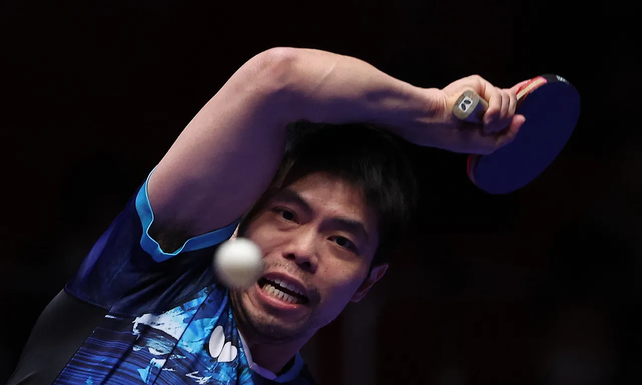 莊智淵帶領中華隊在南韓釜山參加世界桌球團體錦標賽;圖為今天對法國戰。路透社