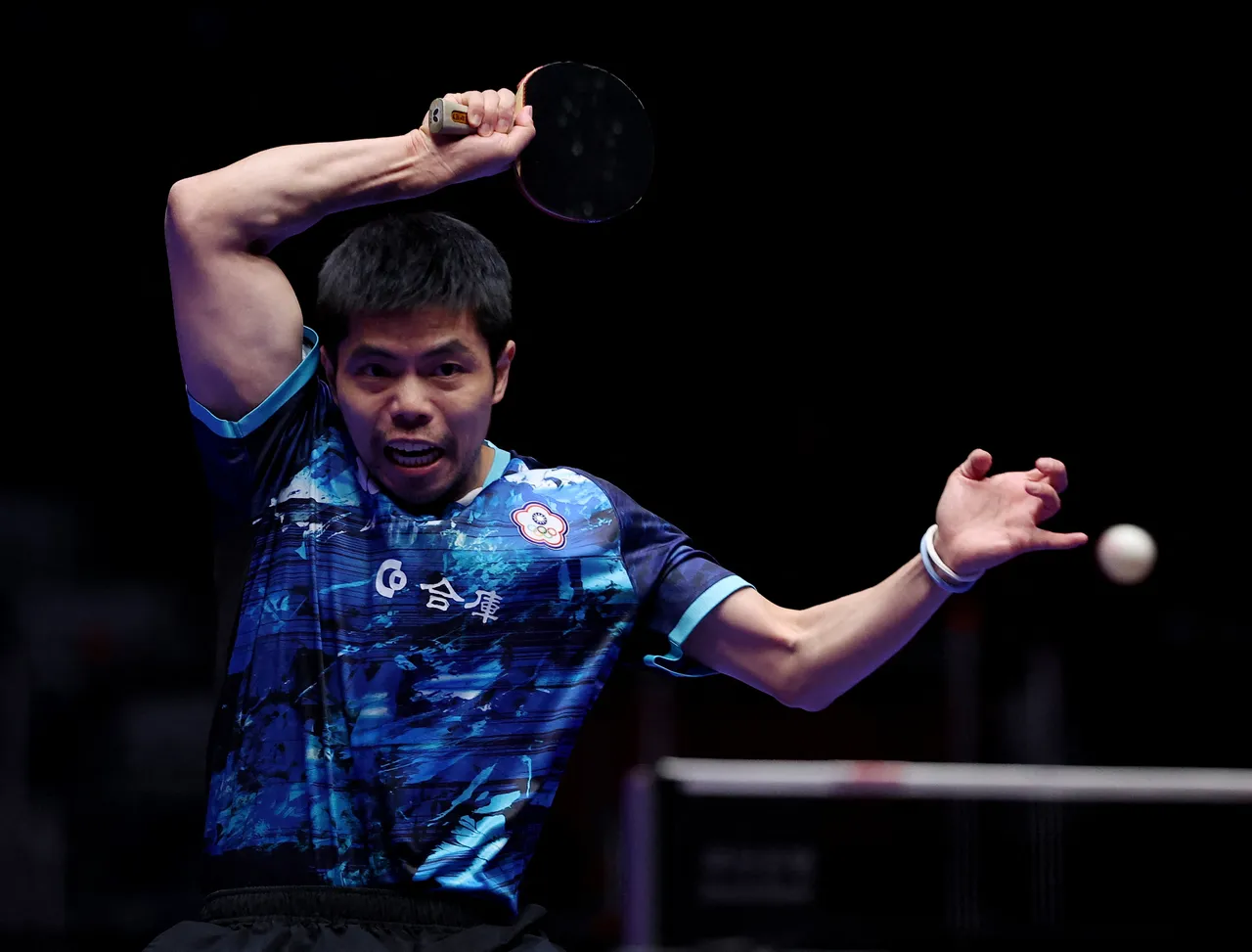 莊智淵帶領中華隊在南韓釜山參加世界桌球團體錦標賽;圖為今天對法國戰。路透社