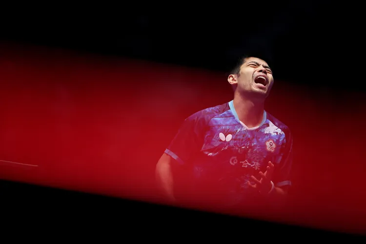 莊智淵帶領中華隊在南韓釜山參加世界桌球團體錦標賽；圖為昨天對德國戰。路透社