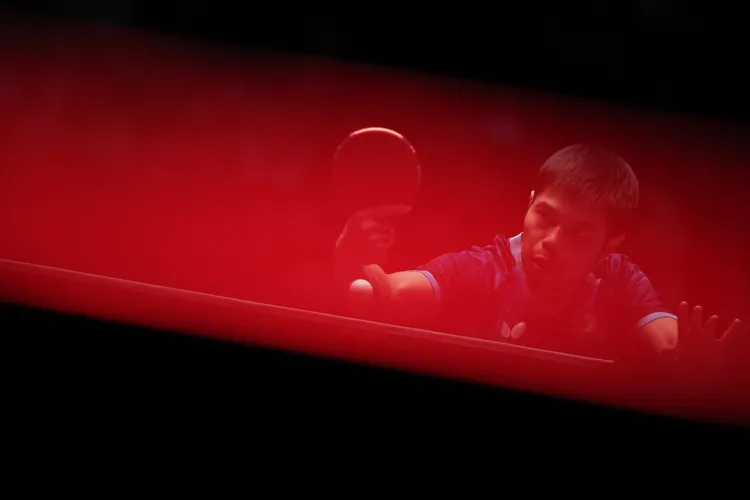 莊智淵帶領中華隊在南韓釜山參加世界桌球團體錦標賽；圖為昨天對德國戰。路透社