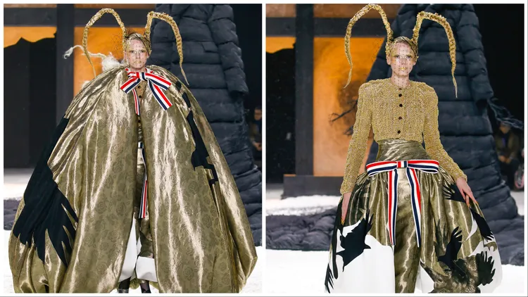 模特身脫掉金色緹花斗篷露出手工編織金線開襟衫。品牌提供