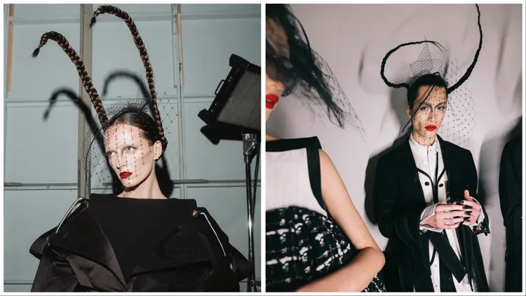 髮型以乖張線條呈現昆蟲觸角一般的效果。品牌提供