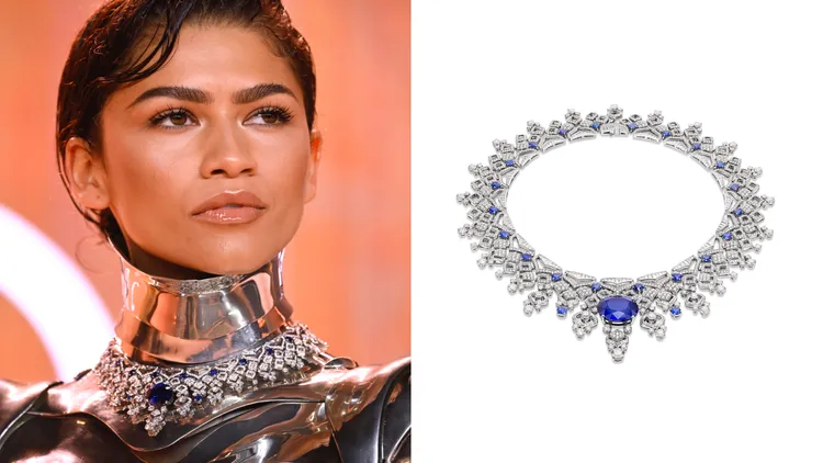 贊妲雅戴上寶格麗Barocko系列Sapphire Lace藍寶石蕾絲頂級鑽石與藍寶石項鍊。品牌提供