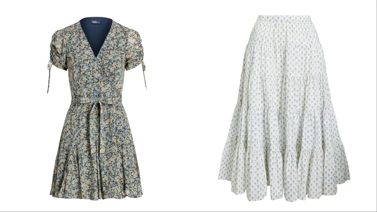 花卉裹身連身短裙（左）1萬1480元、府綢半身裙（右）1萬1880元。品牌提供