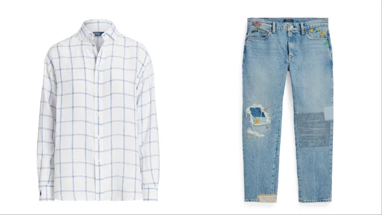 寬鬆版型格紋亞麻襯衫（左）5880元、寬鬆版型拼布錐形牛仔褲（右）1萬2880。品牌提供