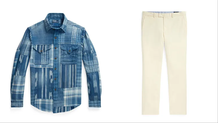 經典版型靛藍色拼布襯衫（左）1萬1280、修身版型卡其長褲（右）6880元。品牌提供