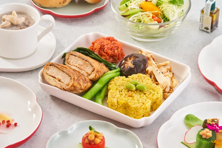陽明春天針對商務艙旅客提供豆包植物肉佐薑黃拌飯。業者提供
