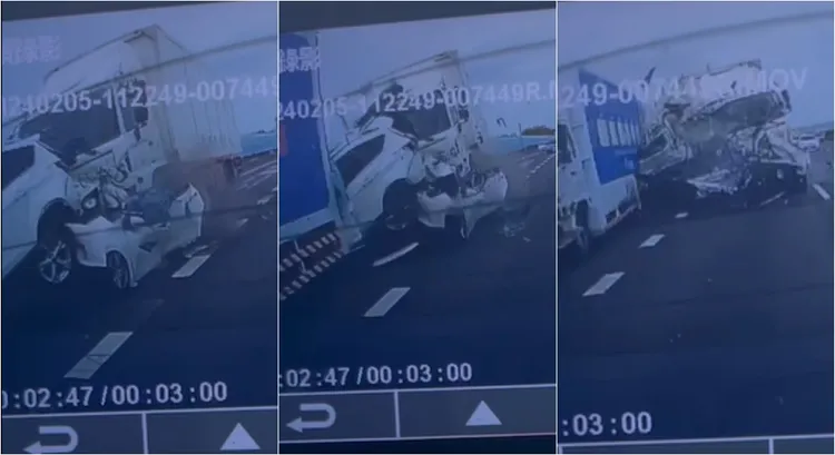 國道2轎車被大貨車「擠壓後衝出」驚悚8秒曝光。翻攝自記者爆料網