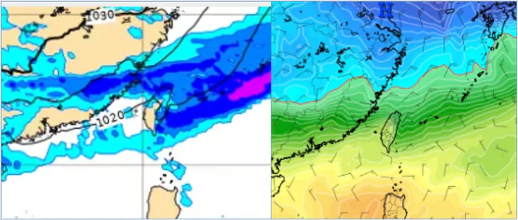 圖：最新(26日20時)歐洲(ECMWF)模式、週五(1日)8時地面氣壓及降水模擬圖顯示，鋒面過境，中部以北明顯降雨(左圖)；1日20時850百帕溫度模擬圖則顯示，鋒後「強冷空氣」南下(右圖)。(右圖擷自tropical tidbits)