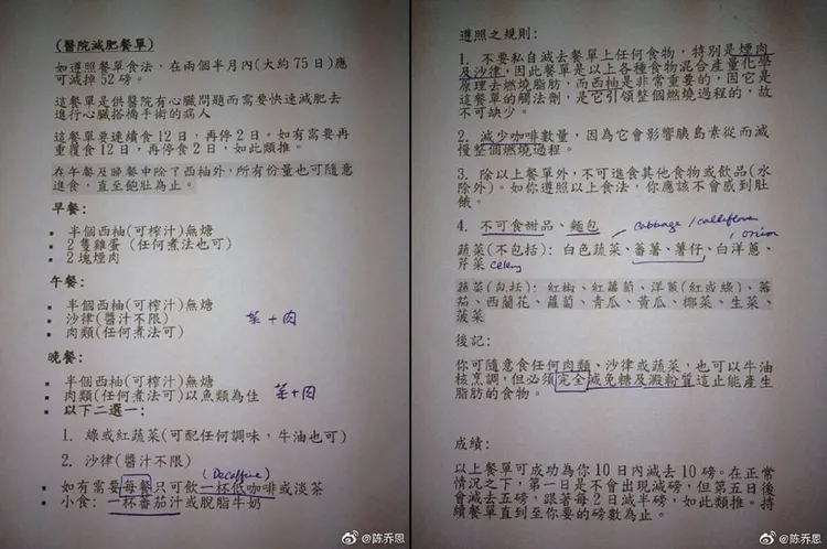 陳喬恩曾分享減肥食譜。翻攝陳喬恩微博