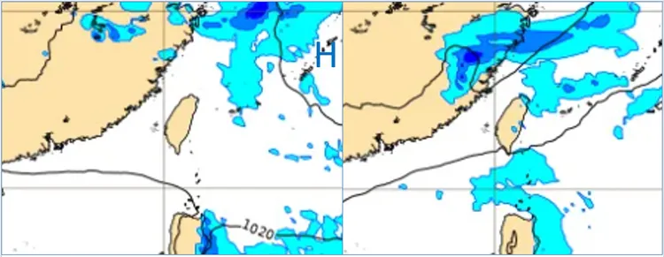 左圖最新(11日20時)歐洲(ECMWF)模式，14日8時地面氣壓及降水模擬圖顯示，受「大陸高壓」東移影響，各地都是晴朗穩定的天氣。右圖16日8時地面氣壓及降水模擬圖顯示，東北季風南下，北海岸、大台北東側及東半部轉有局部短暫雨的機率。取自氣象應用推廣基金會