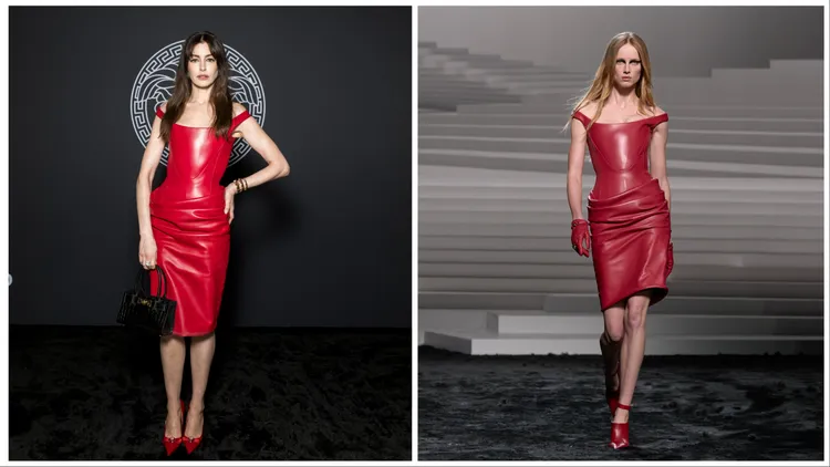 安海瑟薇（左）身穿秀款紅色短洋裝。品牌提供