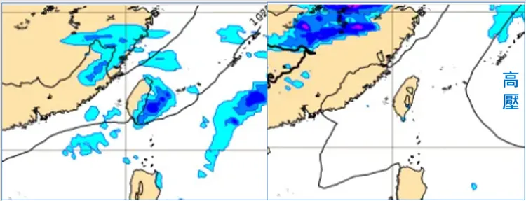 左圖最新(14日20時)歐洲(ECMWF)模式，16日8時地面氣壓及降水模擬圖顯示，東北季風南下，北海岸、大台北及東半部轉有局部短暫雨。右圖19日20時地面氣壓及降水模擬圖顯示，受「高壓迴流」影響，各地都是晴朗穩定的天氣。取自氣象應用推廣基金會