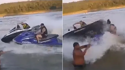 驚悚片|水上摩托車三寶相遇 他只顧看鏡頭被騎士甩尾砸落海