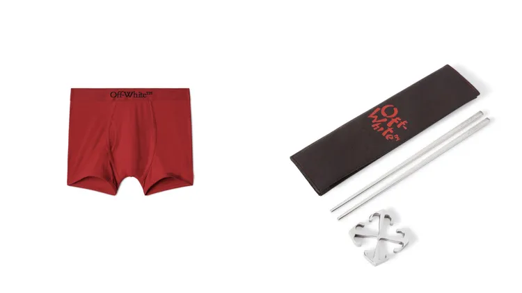 Off-White龍年限定平角短褲（左圖）3100元、龍年限定筷子套裝（右圖）8100元。品牌提供