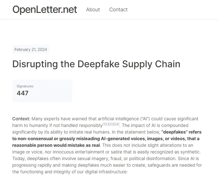 目前447名來自學界、演藝界和政界等人士簽署這封公開信。翻攝OpenLetter.net

