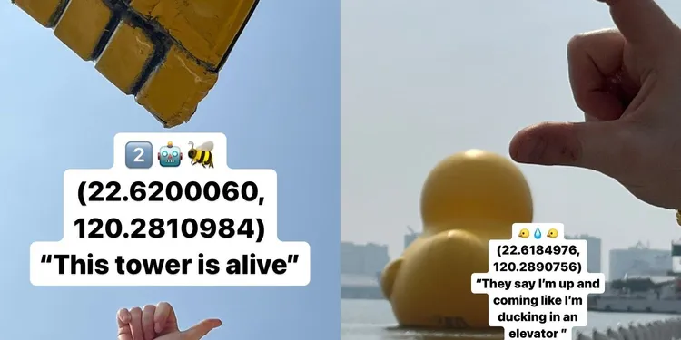 紅髮艾德把贈獎信封藏在駁二特區的大黃蜂（左圖）、真愛碼頭的黃色小鴨附近。翻攝紅髮艾德IG