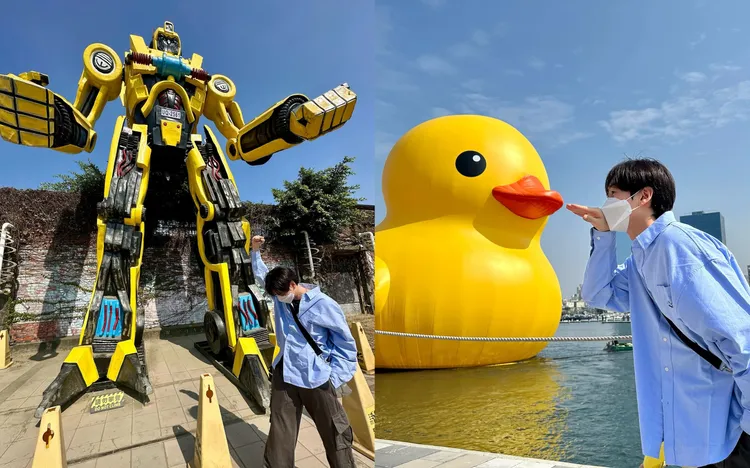 SJ上周末在高雄巨蛋舉辦演唱會，銀赫也抽空去看駁二特區的大黃蜂（左圖）和黃色小鴨。翻攝銀赫IG