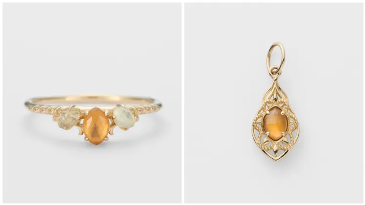 10K x 石榴石 x 白蝶貝 x 石英 x 葡萄石Pavo戒指（左）1萬5400元、10K x 石榴石 x 白蝶貝 Pavo 墜飾 （右）8500元。品牌提供