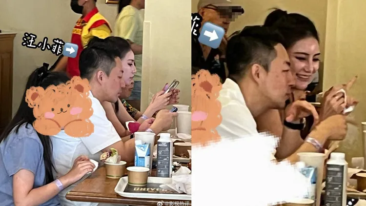 網友日前在新加坡環球影城目擊汪小菲與小梅、女兒排排坐。翻攝影視熱評微博
