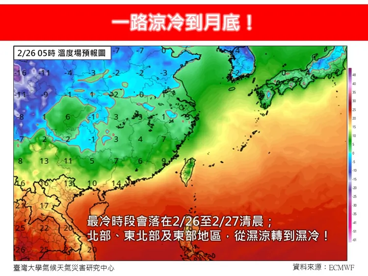 氣象專家林得恩指出，接下來會一路冷到2月底。翻攝自臉書「林老師氣象站」