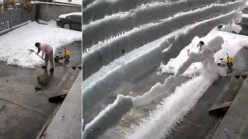惊魂片|积雪变瀑布逆袭人类 「轰隆隆」砸落KO庭院铲雪女