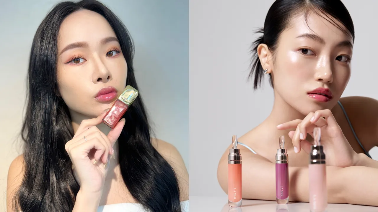 嬌蘭推出KISSKISS法式之吻波光蜜漾護唇油新品（左圖），另一彩妝品牌海洋拉娜也替修護唇萃推出了4款夢幻新色（右圖）。左圖張家玲攝、右圖品牌提供