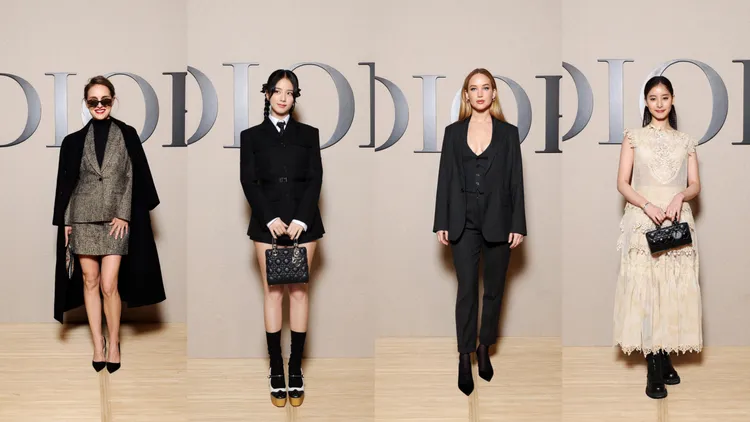 娜塔莉波曼（左起）、Jisoo、珍妮佛勞倫斯、新木優子現身DIOR秀場。品牌提供