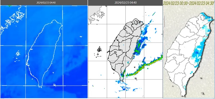 今(23日)晨4：40紅外線色調強化雲圖顯示，迎風面有較多低雲(左圖)。4：40降水回波合成圖顯示，東半部海面有弱降水回波(中圖)。4：30累積雨量圖顯示，北海岸、東半部零星雨(右圖)。取自氣象應用推廣基金會