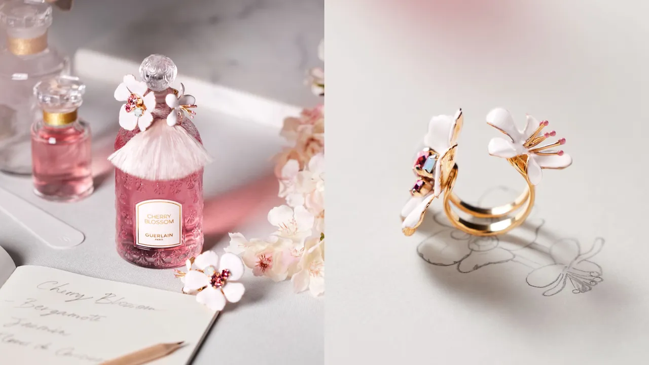 嬌蘭於櫻花季推出花冠粉櫻淡香水珠櫻流蘇蜂印瓶，125ml+30ml／3萬9000元。品牌提供