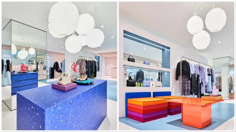 藍色展示台與彩色堆疊沙發都呼應永續理念。品牌提供