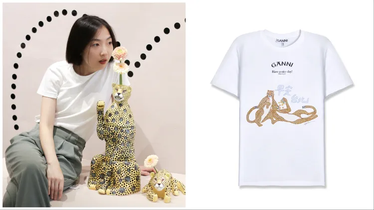 GANNI攜手新銳藝術家蔡貝桾打造限量單品，早安台北限定T恤，3800元。品牌提供