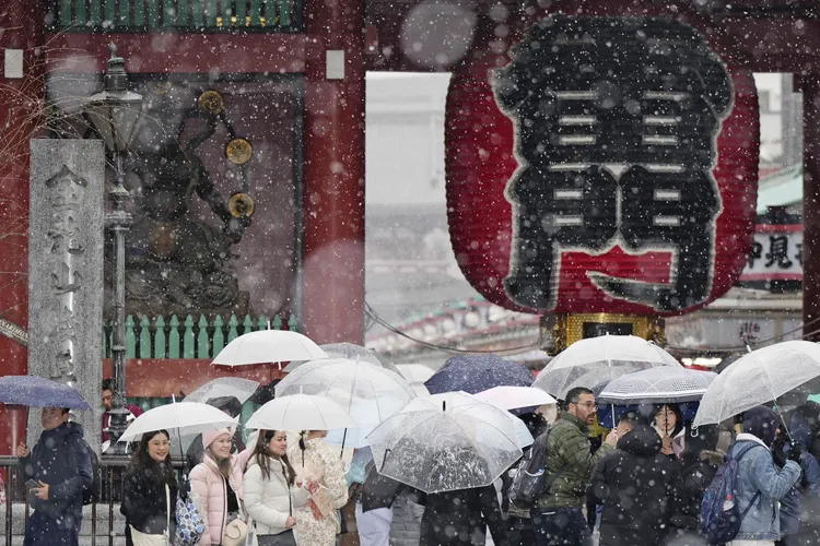 東京等9個都縣的全境或局部地區昨天發布大雪警報，圖為昨天淺草寺外的民眾。美聯社