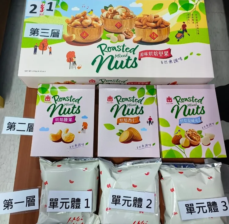 義美原味烘焙堅果禮盒過度包裝。環保局提供