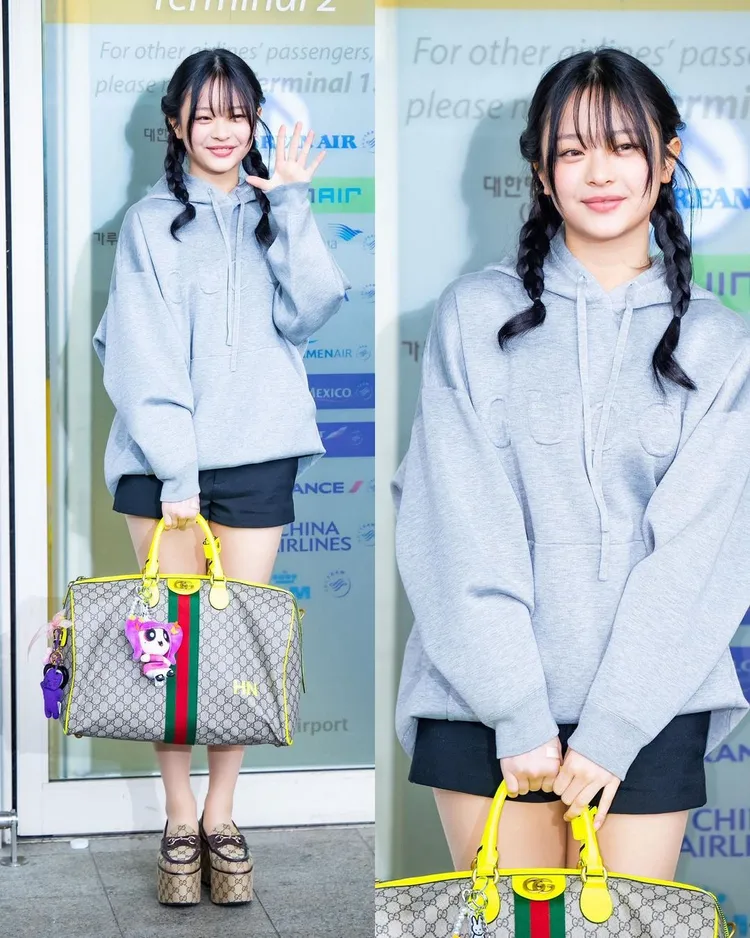 Hanni的GUCCI造型相當青春可愛，上衣12萬2000元、短褲5萬2900元、莫卡辛鞋4萬6300元。翻攝newjeans__hanni IG