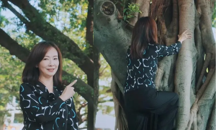 郭昱晴在競選影片中模仿韓國瑜爬樹。民進黨提供