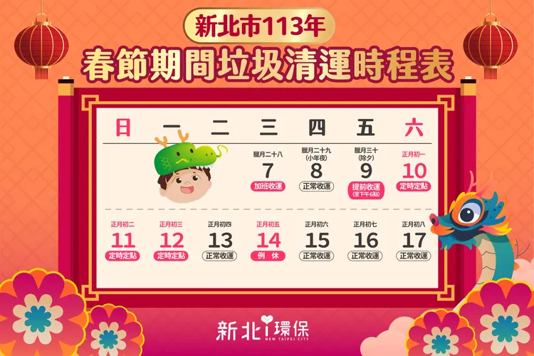 新北市113年春節期間垃圾車清運時間表。環保局提供