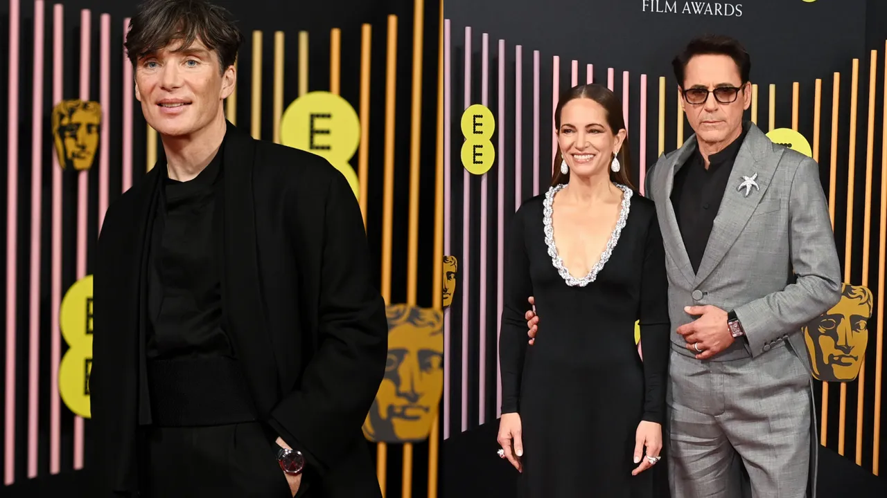 席尼墨菲（左圖）和小勞勃道尼（右圖右）以《奧本海默》分別奪下英國影藝學院電影最佳男主角與男配角，2人當日的幸運腕錶分別出自OMEGA與積家。品牌提供