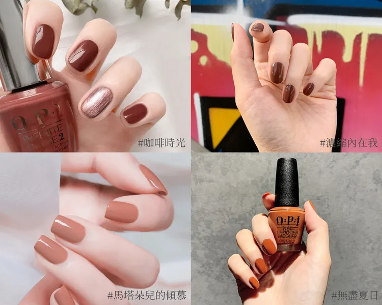 堅果殼棕色系指彩，經典指甲油（黑蓋）15ml／480元、如膠似漆類光繚指甲油（小銀蓋）15ml／680元。品牌提供
