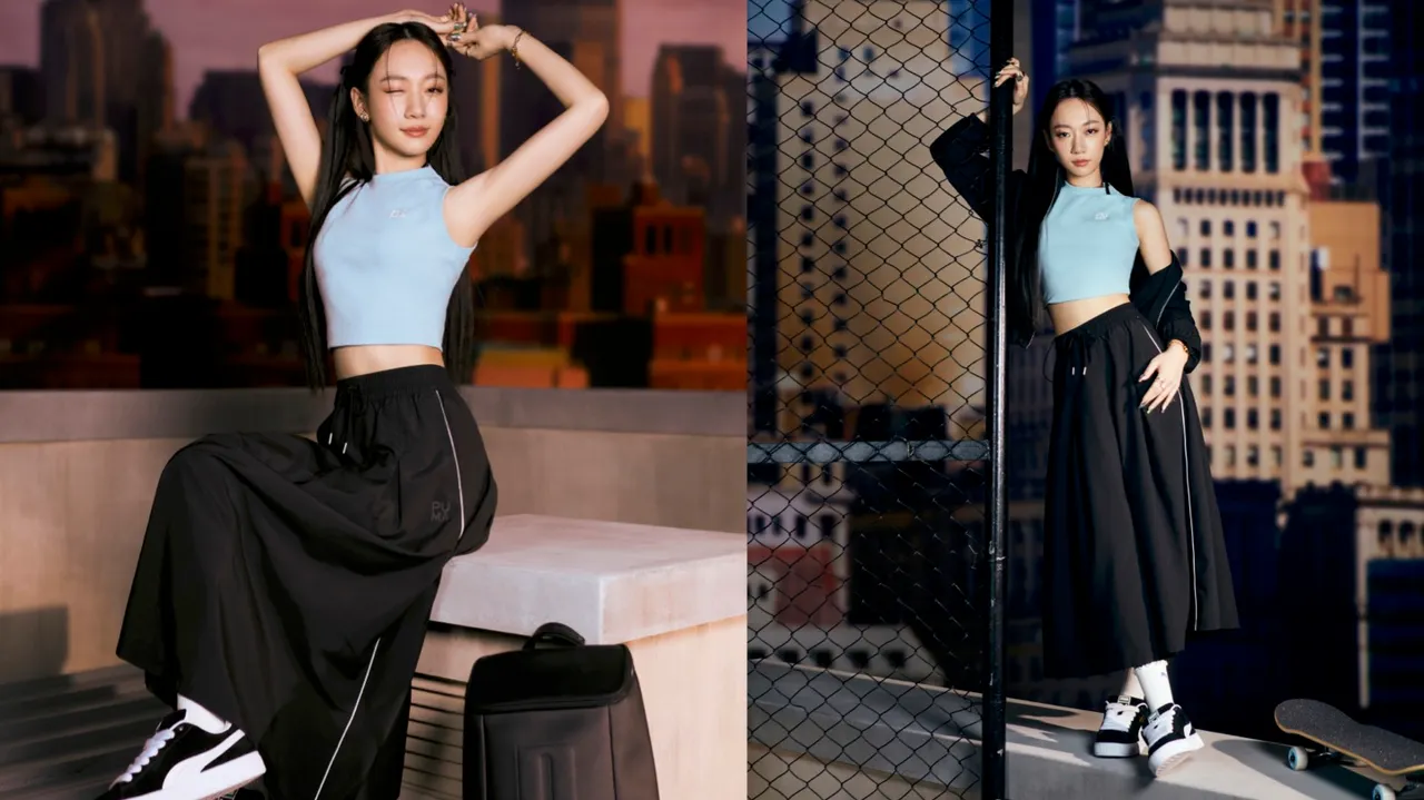 吳卓源露出小蠻腰來搭配PUMA SUEDE XL麵包鞋。品牌提供