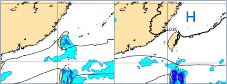 左圖最新(7日20時)歐洲(ECMWF)模式，10日20時地面氣壓及降水模擬圖顯示，西半部晴朗、東半部偶零星降雨。右圖12日8時地面氣壓及降水模擬圖顯示，受「大陸高壓」東移影響，天氣晴朗穩定。取自氣象應用推廣基金會