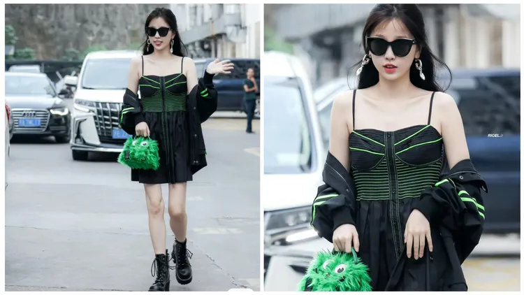 虞書欣身穿英國設計師品牌MARK FAST的螢光綠單品。翻攝HEI Fashion小紅書